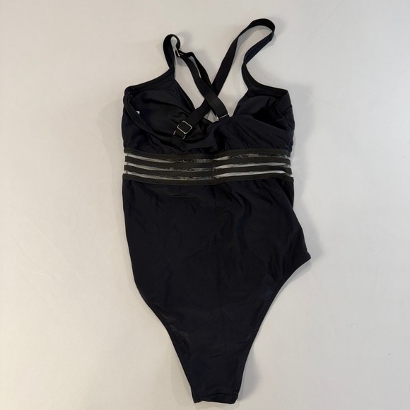 Eomenie Black One Piece Swimsuit Twisted Bust Sheer Panel Detail Size S - Picture 2 of 9